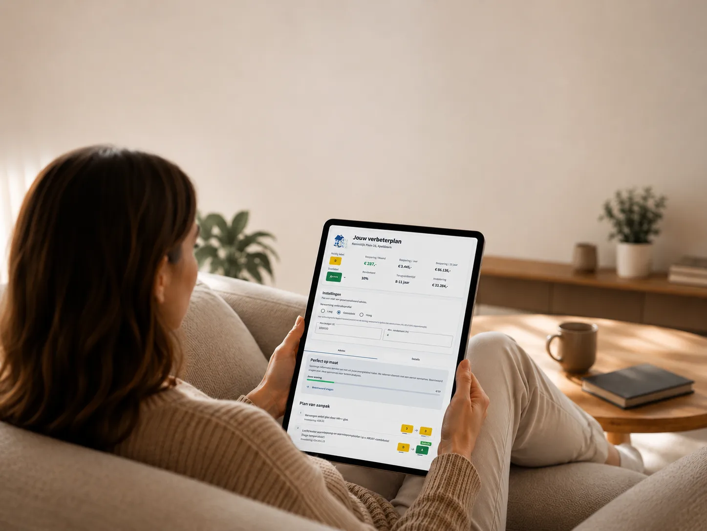 Makelaar bekijkt een professioneel bespaarrapport op een iPad